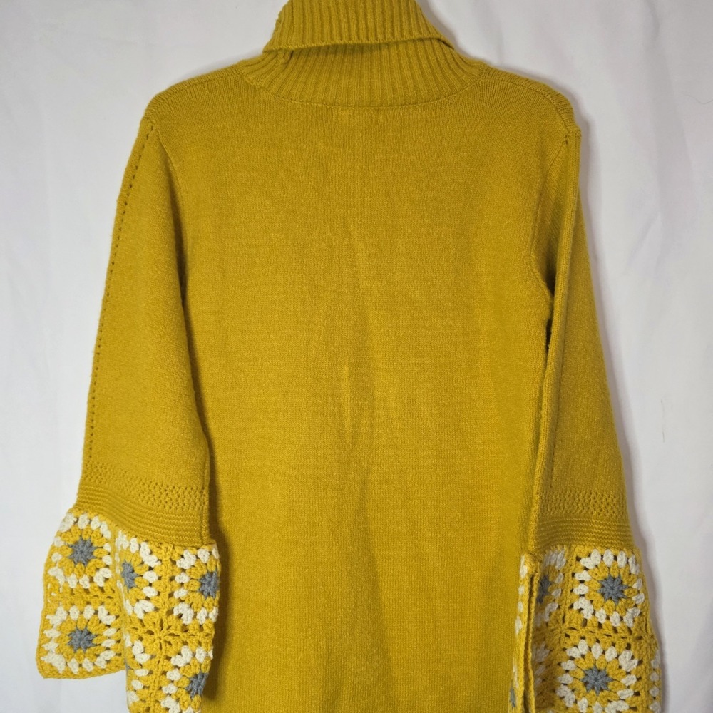Yellow Crochet Hippie Bell Sleeve Knit Sweater Dress Cozy Cottagecore Boho M - Picture 11 of 11